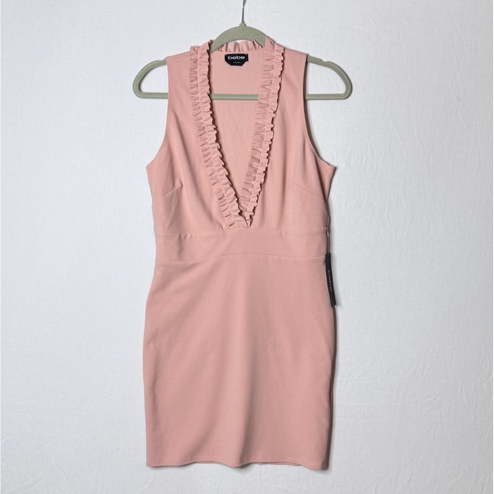 Bebe Y2K Dress Sz S NEW Pink Deep V Neck Mini Stretch Feminine Retro Bodycon USA